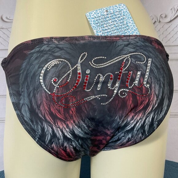 Sinful By Affliction Cedar Chain Bikini Bottom Red & Grey Wings Rhinestones Lg - Picture 2 of 5